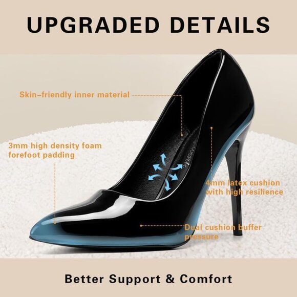 Womens Black Polyurethane (PU) Pointed Closed Toe Slip On Heels Leather Pumps - Picture 3 of 8